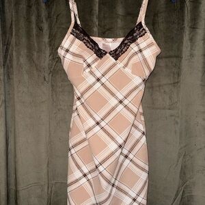 No Boundaries Beige Plaid Dress with Black Lace